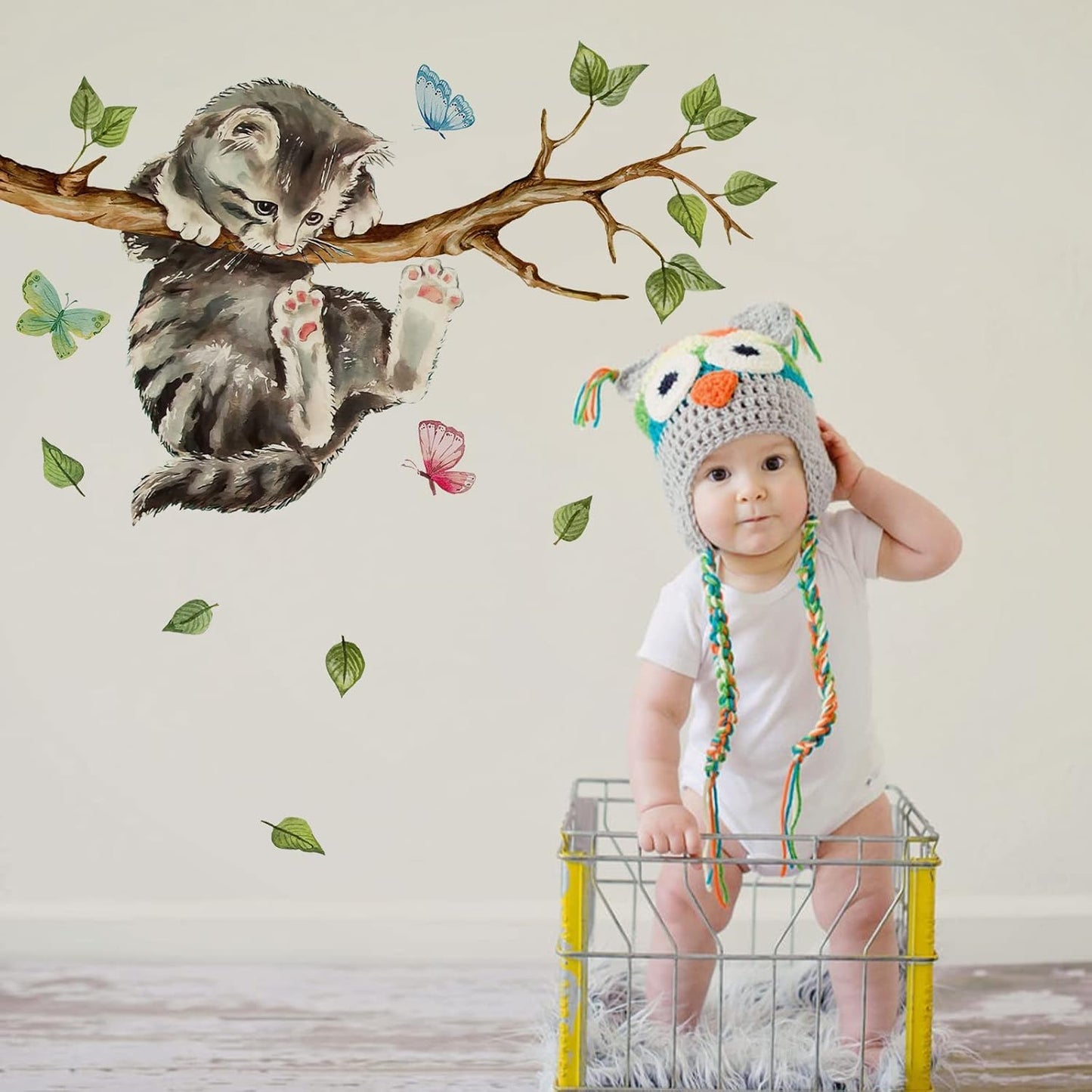 Cat on Tree Branches Wall Decals Stickers, Kitty Animal Nursery Decor, Green Leaves Baby Kids Bedroom Home Decorations Art