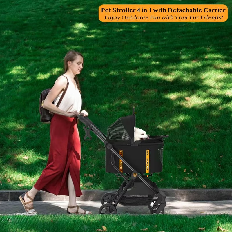 Pet Stroller 4 in 1, Dog Strollers for Small/Medium Dogs/Cats with Detachable Carrier No-Zip Canopy, Seatbelt Puppy Car