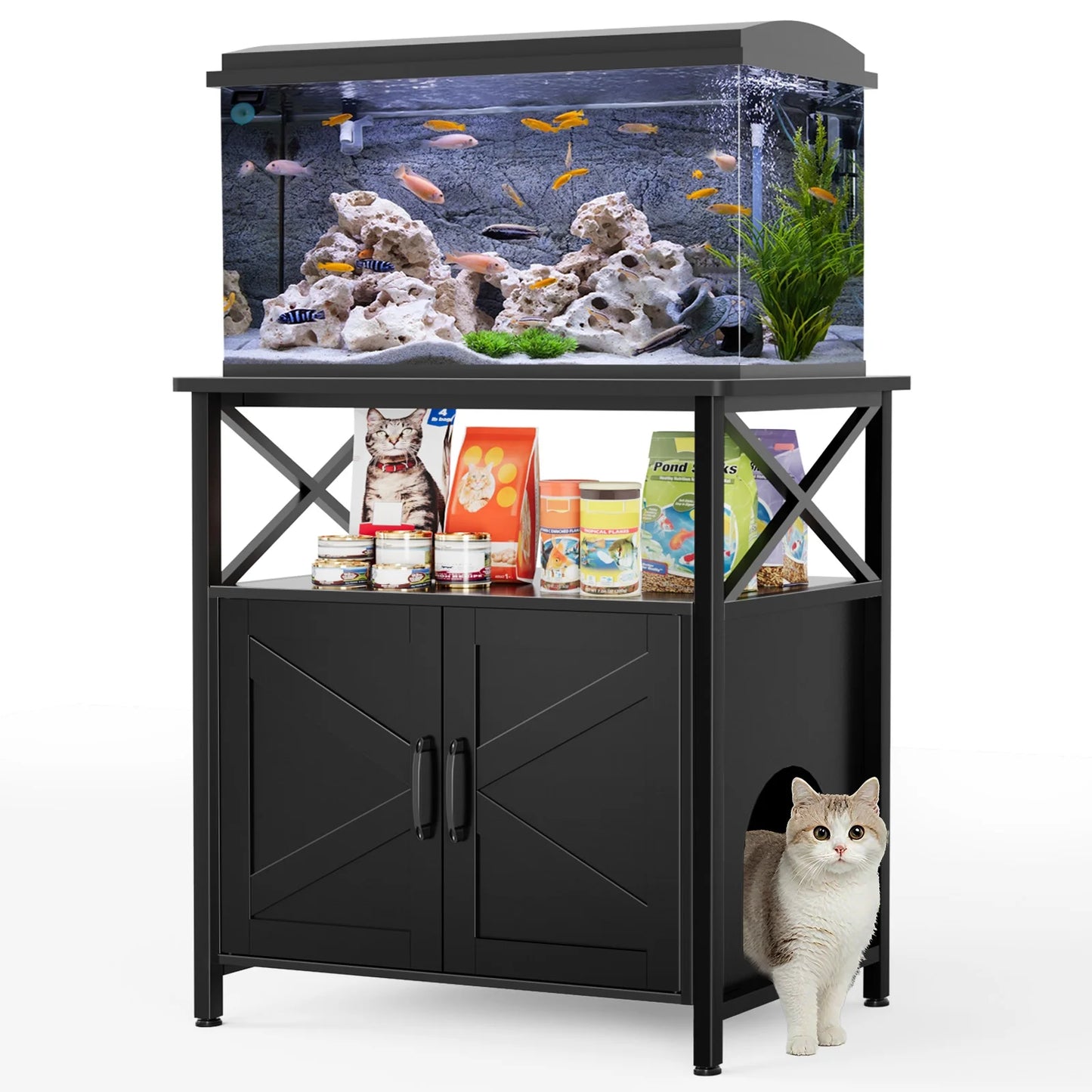 20-29 Gallon Fish Tank Stand, Aquarium Stand with Cat Litter Box Enclosure, Black