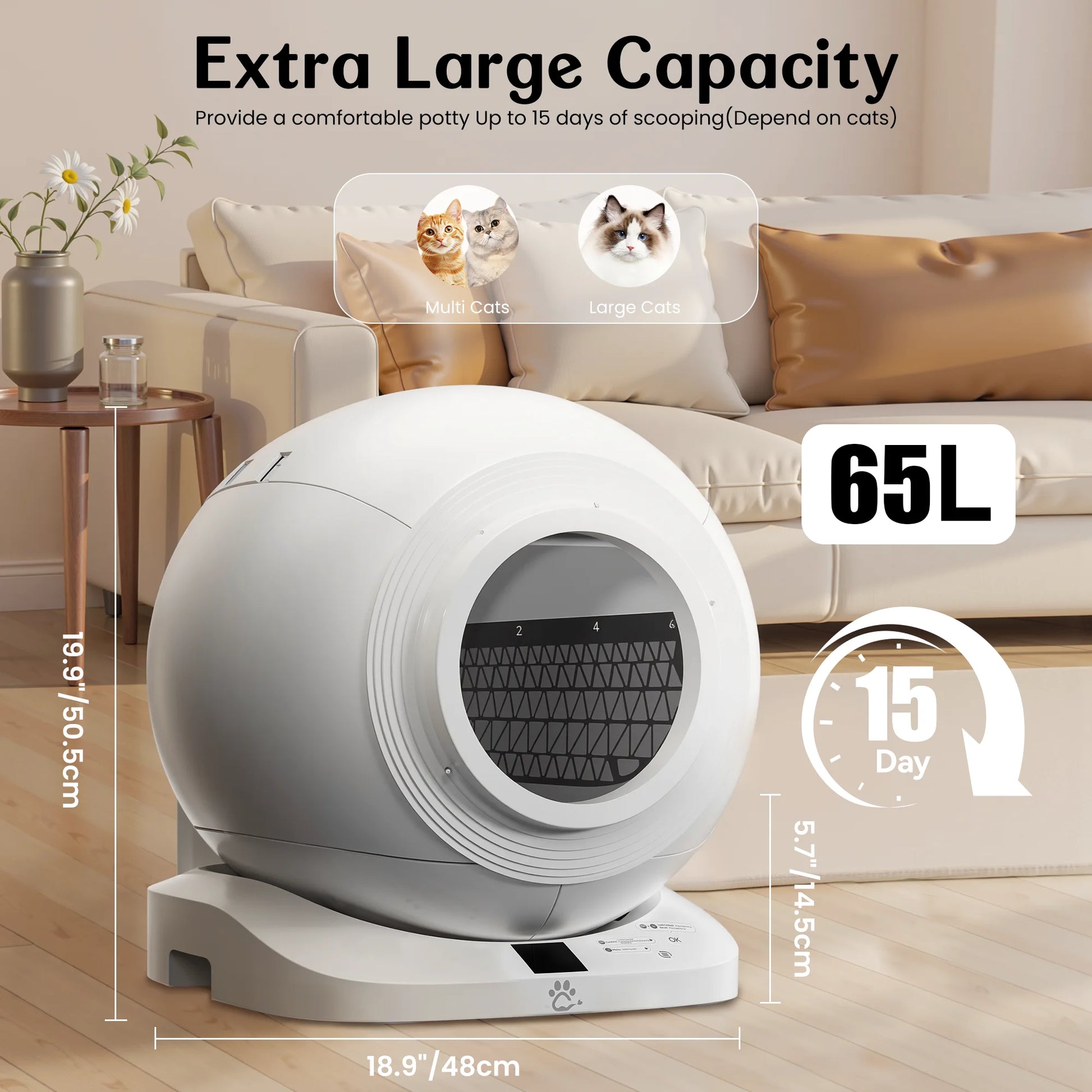 Self Cleaning Cat Litter Box, 65L XL Automatic Litter Box with APP Control, 120° Infrared Sensor Safety Protection & Odor Preventing, Multi-Cat Friendly