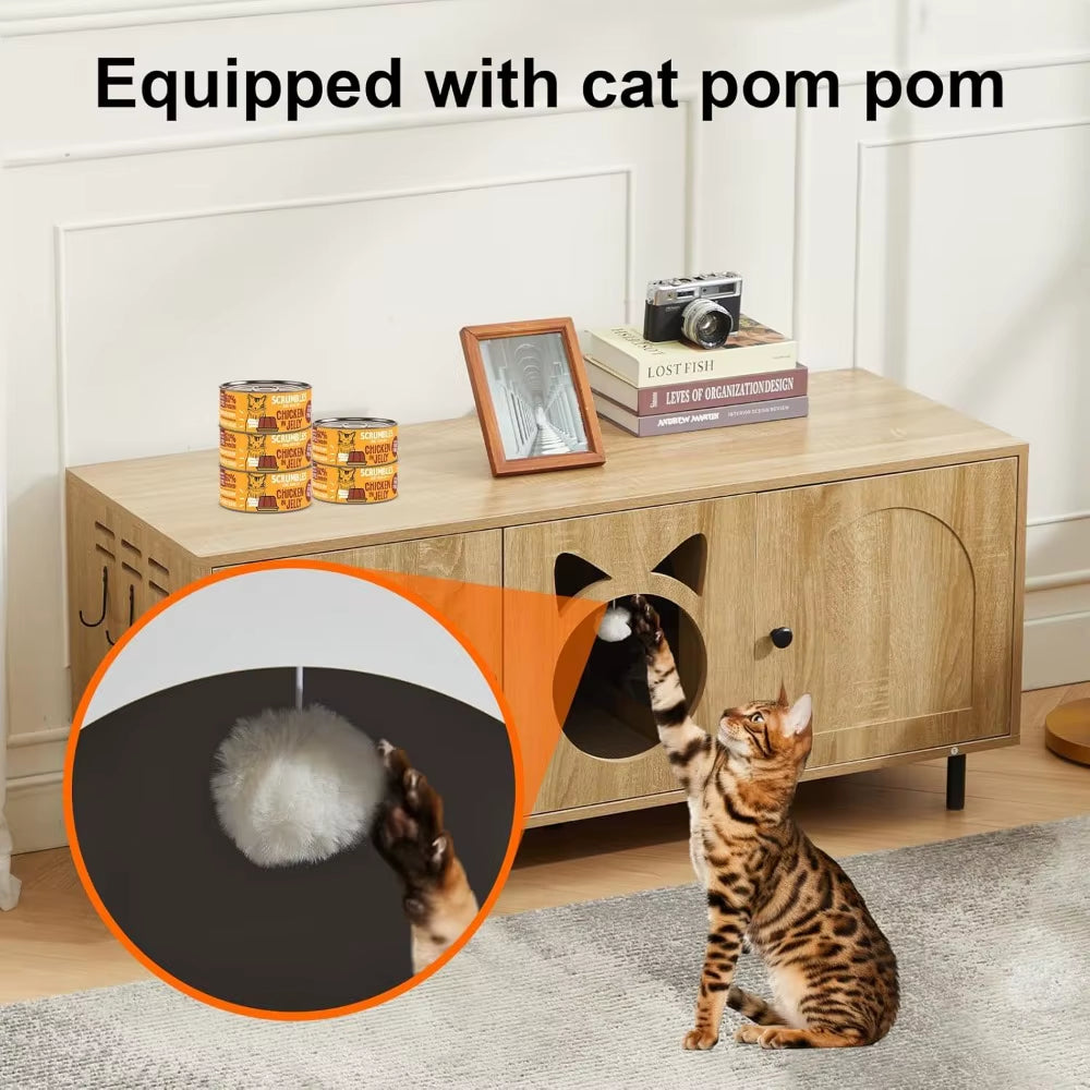 Large Cat Litter Box Enclosure for 2 Cats,Hidden Enclosed Litter Box Furniture with Scratching Mat & Cat Bell,Cat Litter Box Ca
