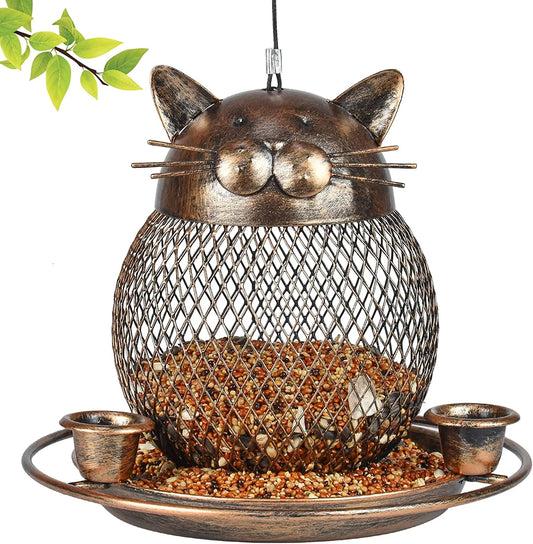 Squirrel Proof Bird Feeders, Upgraded Cute Cat Shaped Bird Feeder, Heavy Duty Copper Wild Bird Feeder with Hook for Outdoor Hanging, Garden Yard outside Decoration, 2Lbs Capacity