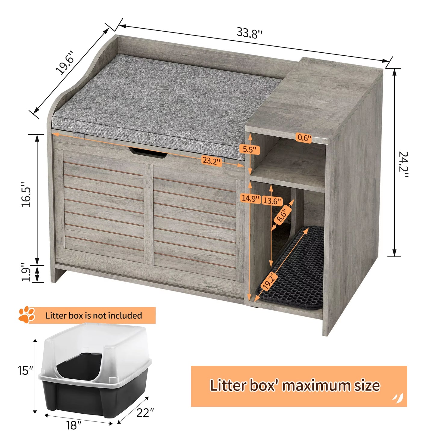 Cat Litter Box Furniture Hidden, Wood Litter Box Enclosure Pet Crate Cat with Cat Scratch Pad Litterbox Furniture Easy Assembly
