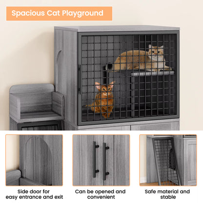 Cat Litter Box Enclosure with Platform, Double Layer Cat Litter Hidden Furniture, Modern Villa Cat Cabinet with Ladder for Cat